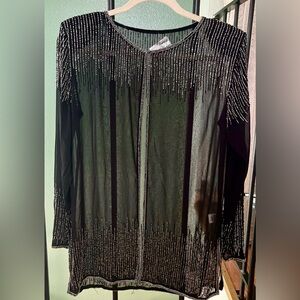 Black Sheer Beaded Fringe Cardigan